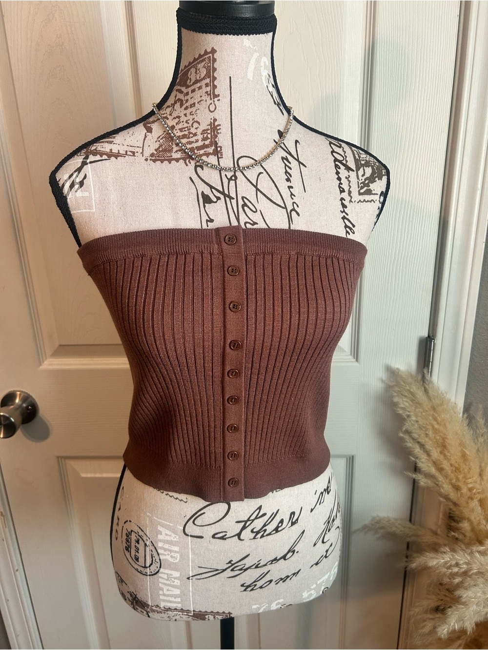 Tube Ribbed Button-Front Crop Top - Brown